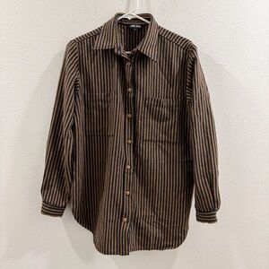 Ilana Kohn Preppy Oversized Button Down Shirt Brown Stripe S Wool Blend